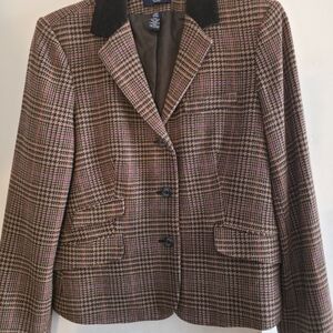 Women's Chaps Wool Blen,Plaid Houndstooth Blazer w/Corduroy Collar. Vintage.